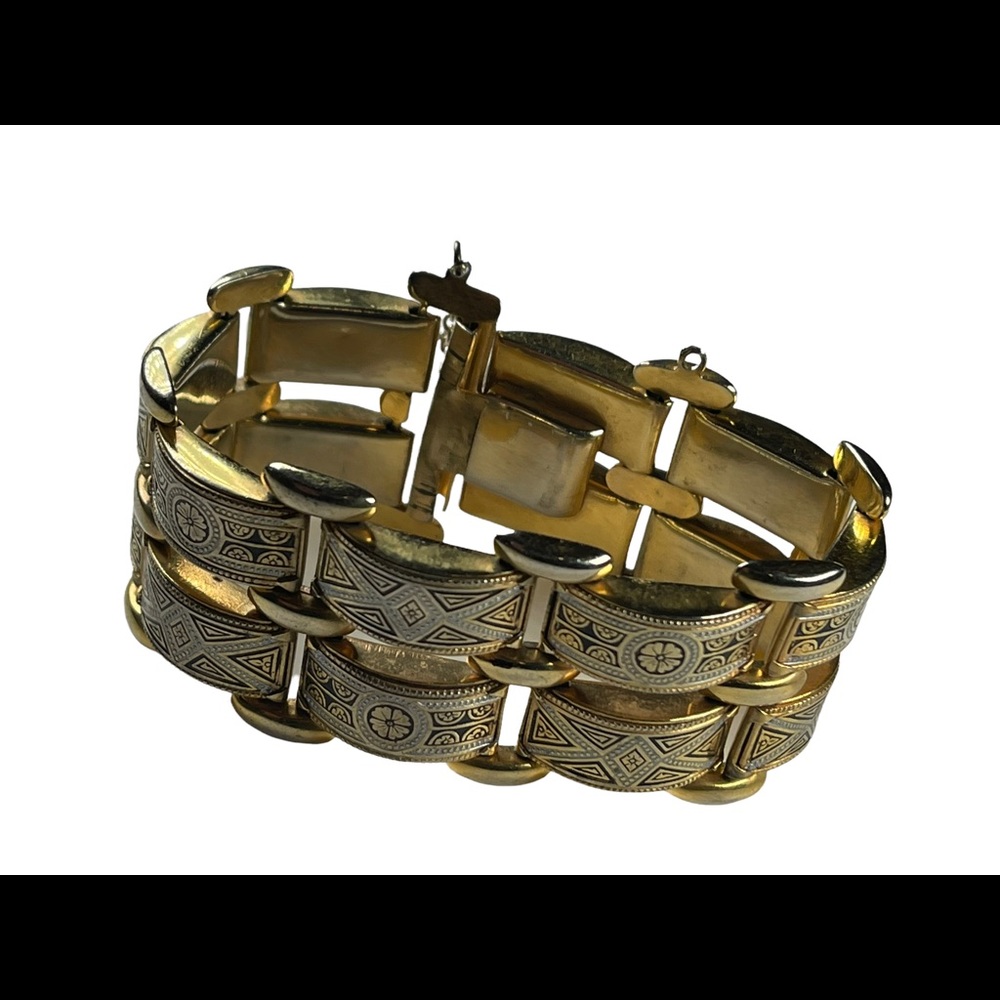 Vintage Damascene Spain Gold plated Etched bracelet chunky bangle